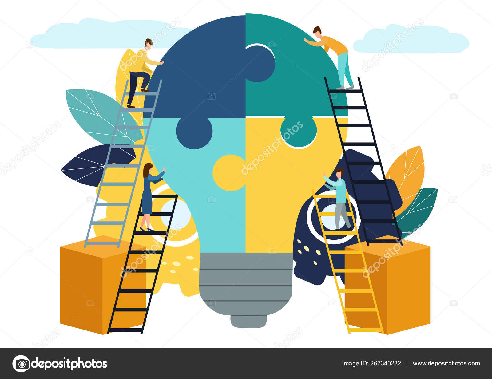 Concepto de negocio Metáfora del equipo. Gente conectando elementos del  rompecabezas. Ilustración vectorial estilo de diseño plano. Símbolo de  trabajo en equipo, cooperación, asociación. La gente combina ideas . Vector  de stock #, image size:1600x1233