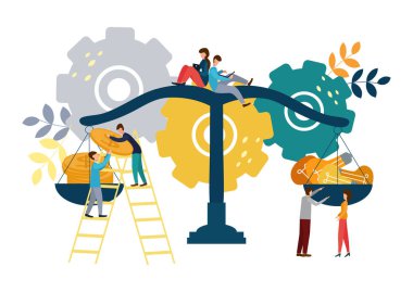 Vector illustration. People spreading money and ideas on scales, business concept. clipart
