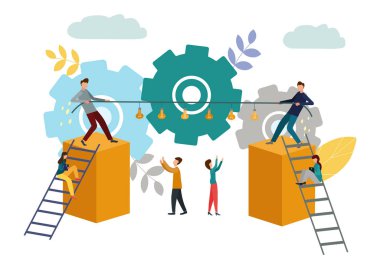 İşadamları ipi lambalarla çekerler. İş dünyasında rekabetin taklidi. İdeolojik anlaşmazlıklar. Vektör çizimi.