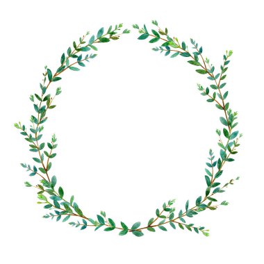 Çiçek çelenk. Okaliptüs dalları ile garland. Suluboya elle çizilmiş şekil. Tebrik kartları, posterler, düğün kartları için kullanılabilir. Beyaz arka plan.