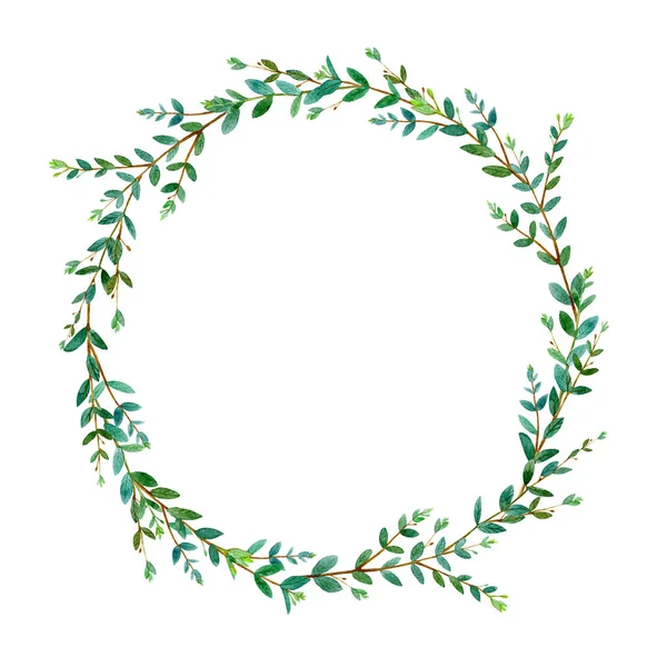 Floral wreath.Garland with eucalyptus branches.Watercolor hand drawn illustration.It can be used for greeting cards, posters, wedding cards.