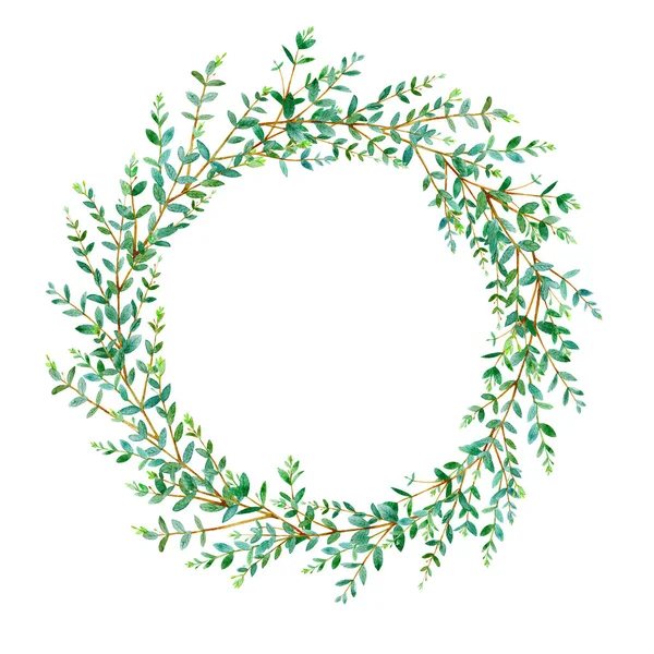 Çiçek çelenk. Okaliptüs dalları ile garland. Suluboya elle çizilmiş şekil. Tebrik kartları, posterler, düğün kartları için kullanılabilir. Beyaz arka plan.