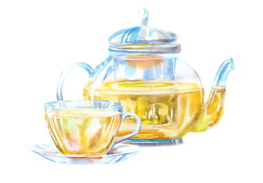 Cam bardak ve yeşil çay çaydanlık. Resim iç. Suluboya el çizilmiş illüstrasyon.