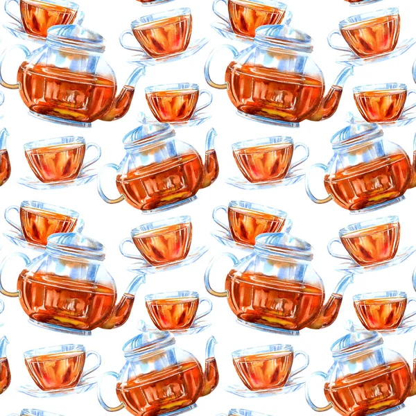 Seamless Pattern Glass Teapot Cup Black Tea Watercolor Hand Drawn — Stock Photo, Image