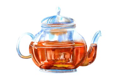 Cam Çaydanlık, siyah çay. Resim iç. Suluboya el çizilmiş illüstrasyon.