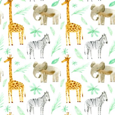 Sarı bir zürafa, zebra, fil ve yeşilliğin kusursuz deseni. Suluboya el çizimi. Beyaz arka plan. Afrika hayvanları..