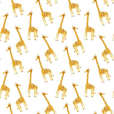 Sarı bir zürafanın kusursuz deseni. Suluboya el çizimi. Beyaz arkaplan. Hayvanlar çizimi..