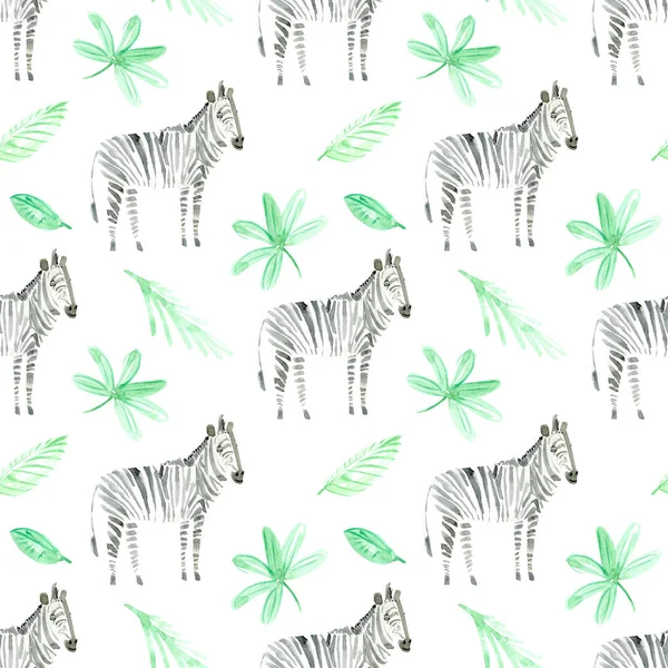 Padrão Sem Costura Uma Zebra Folhagem Verde Watercolor Mão Desenhada — Fotografia de Stock