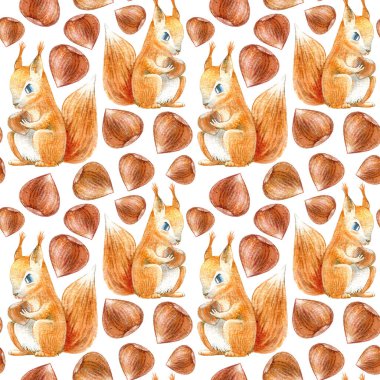 Bir sincap ve fındık ağacının kusursuz deseni. Suluboya el çizimi. Beyaz arka plan..