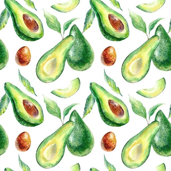 Avokado meyvesi ve çiçeğin kusursuz deseni. Suluboya el çizimi. Beyaz arka plan..