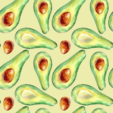 Avokado meyvesi ve çiçeğin kusursuz deseni. Suluboya el çizimi. Sarı arka plan..