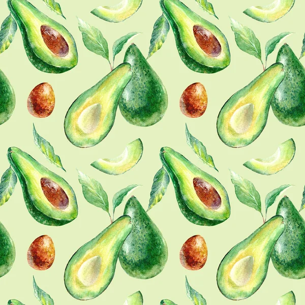 Avokado meyvesi ve çiçeğin kusursuz deseni. Suluboya el çizimi. Yeşil arka plan..