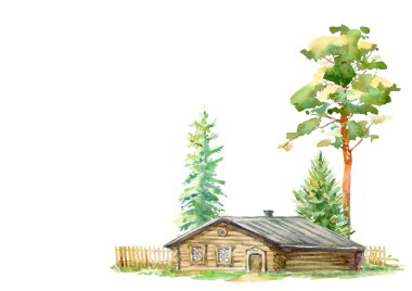 Kırsal alan. Ahşap ev, beyaz bir arka planda çam ve ladin. Suluboya el çizimi..