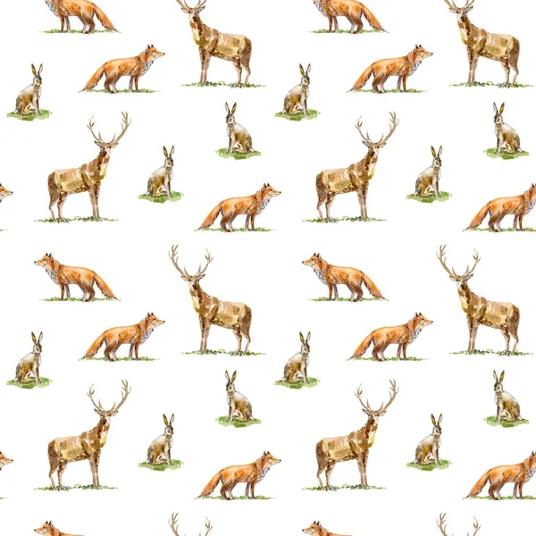Płynny Wzór Zająca Lisa Zwierzęta Leśne Akwarela Ręcznie Rysowane Ilustracji — Zdjęcie stockowe