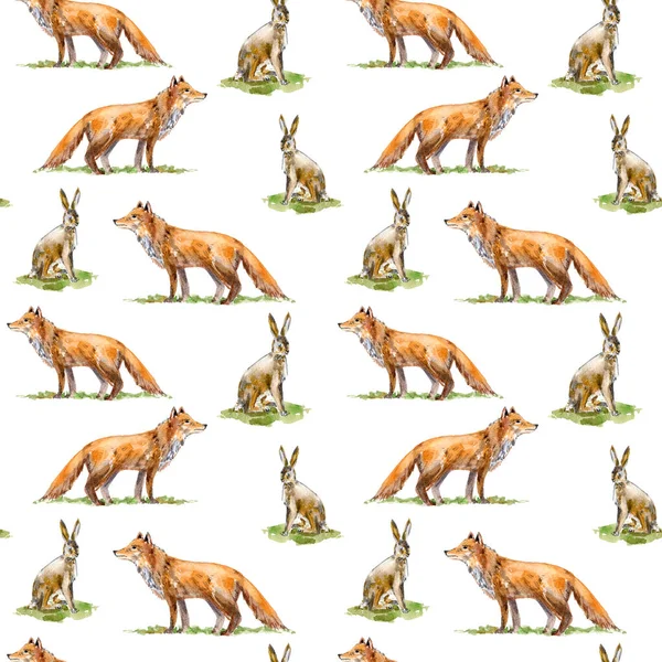 Płynny Wzór Zająca Lisa Zwierzęta Leśne Akwarela Ręcznie Rysowane Ilustracji — Zdjęcie stockowe
