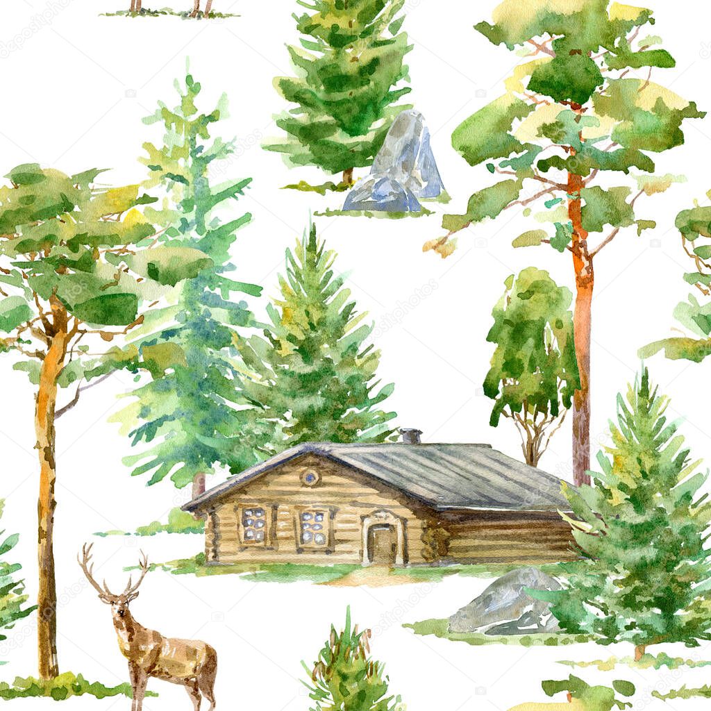 Floral seamless pattern of a wooden house,deer, pine, spruce,stone and deciduous tree.Rural landscape.Watercolor hand drawn illustration.White background.