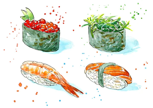 Gunkan Sushi Roll Cuisine Japonaise Crevettes Saumon Caviar Rouge Chuka — Photo