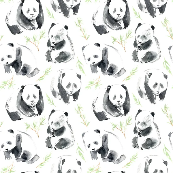 Płynny Wzór Pandą Bambusem Pocztówka Zwierzętami Akwarela Ręcznie Rysowane Ilustracji — Zdjęcie stockowe