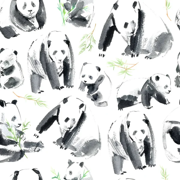 Modello Senza Cuciture Con Panda Bambù Cartolina Con Animali Acquerello — Foto Stock