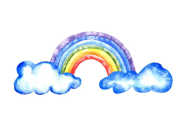 彩虹和云彩 水彩画 白色背景 — 图库照片