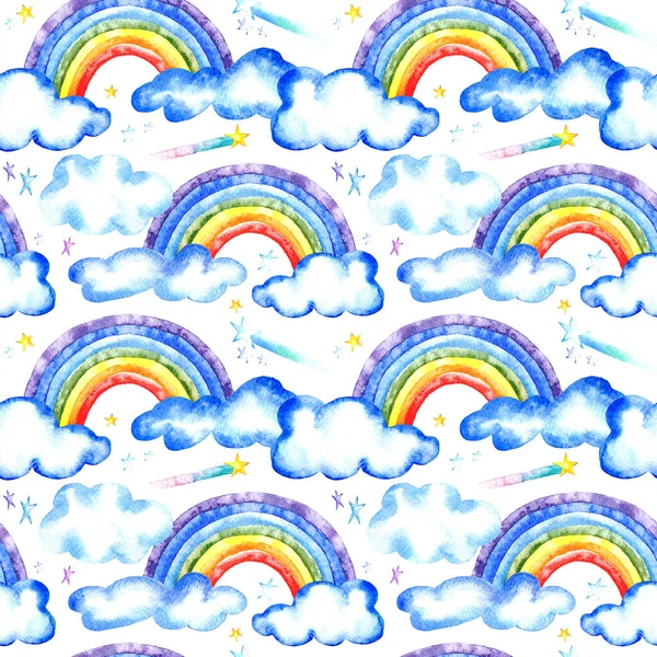 Seamless Pattern Rainbow Stars Clouds Watercolor Hand Drawn Illustration White — Stock Photo, Image