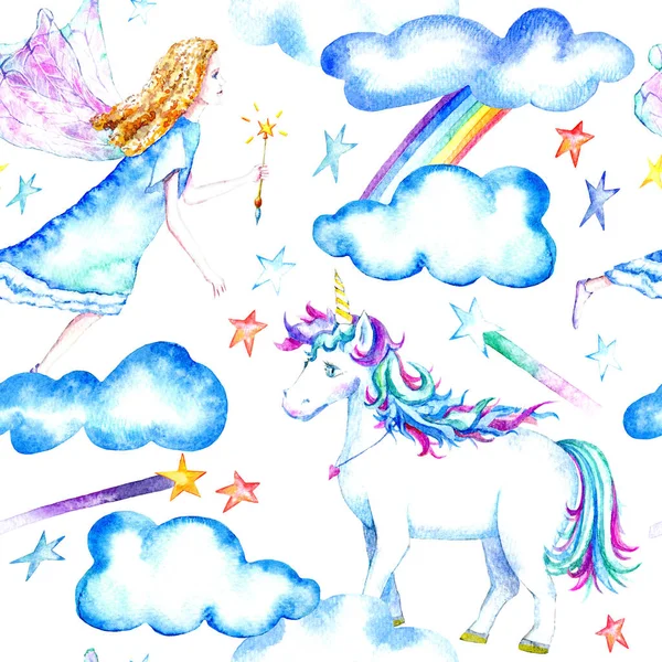 Seamless Pattern Unicorn Fairy Stars Clouds Rainbow Sketch Watercolor Hand — Stock Photo, Image