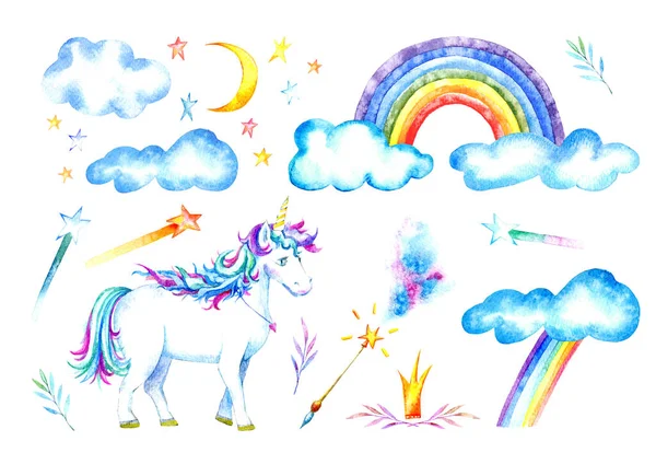 独角兽 魔杖和彩虹 水彩画 水彩画 白色背景 — 图库照片
