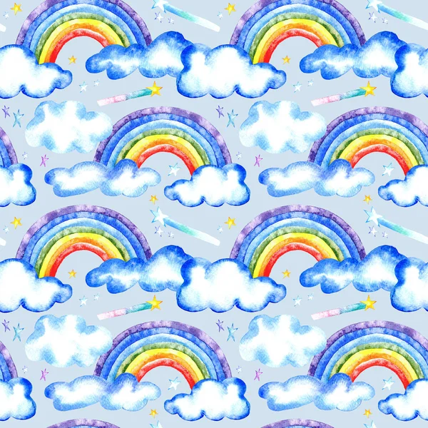 Nahtloses Muster Eines Regenbogens Sterne Und Wolken Aquarell Handgezeichnete Illustration Stockfoto