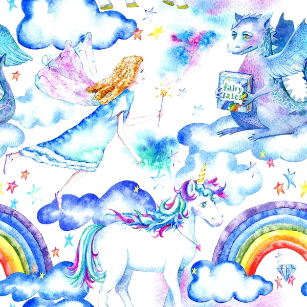 Nahtloses Muster Eines Einhorns Drachen Fee Sterne Wolken Und Regenbogen lizenzfreie Stockbilder