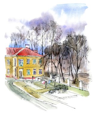 Taşra manzarası. Eski ev, yol ve park. Suluboya el çizimi..