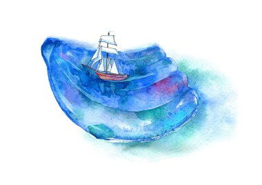 Deniz kabuğu ve yelkenli gemiyle manzara. Deniz resmi. Suluboya el çizimi..