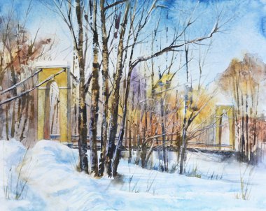 Askı köprüsü ve kış ormanı resmi. Rus kış manzarası. Suluboya el çizimi..