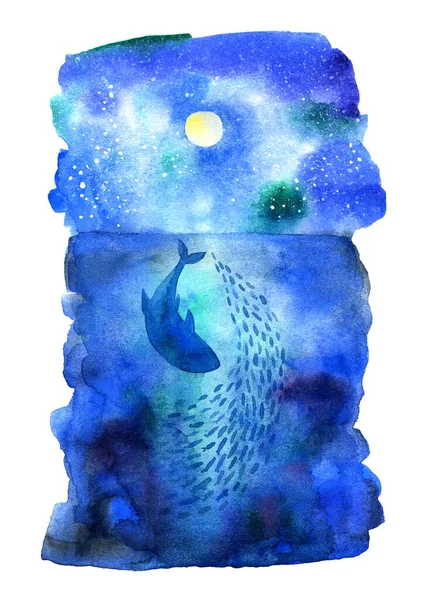 Big Blue Whale, fish and moon.Watercolor hand drawn illustration. Uunderwater animal art.