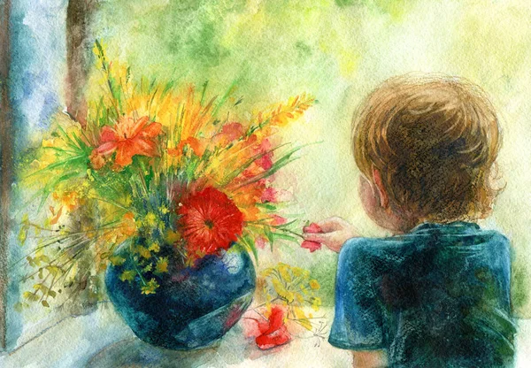 肖像男孩和花朵 窗户和花朵 水彩画手绘插图 — 图库照片