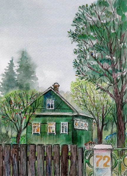 Village Summer Landscape Watercolor Hand Drawn Illustration House Fence Trees — Stock Photo, Image