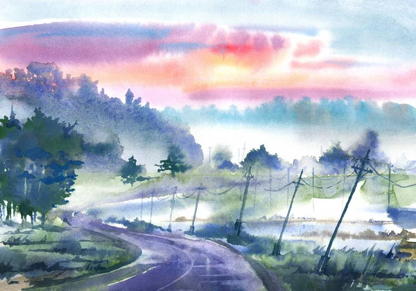 Landschaft Mit Nebel Straße Und Wald Mystischer Morgenblick Aquarell Handgezeichnete — Stockfoto