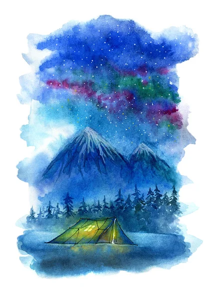 Nachtlandschaft Mit Lager Winter Nordlichter Den Bergen Aquarell Handgezeichnete Illustration lizenzfreie Stockbilder