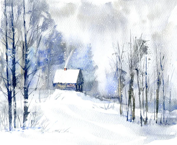 Landschaft Mit Dorf Winter Bewölktes Wetter Und Schneefall Aquarell Handgezeichnete lizenzfreie Stockfotos