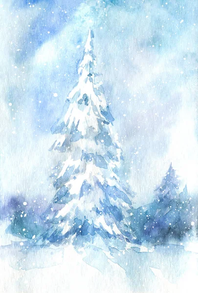 Landschaft Einer Fichte Und Schnee Winter Aquarell Handgezeichnete Illustration lizenzfreie Stockfotos