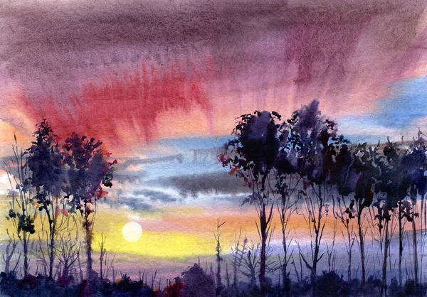 Wässrige Landschaft Sonnenuntergang Und Baum Aquarell Handgezeichnete Illustration Sommer Stockbild