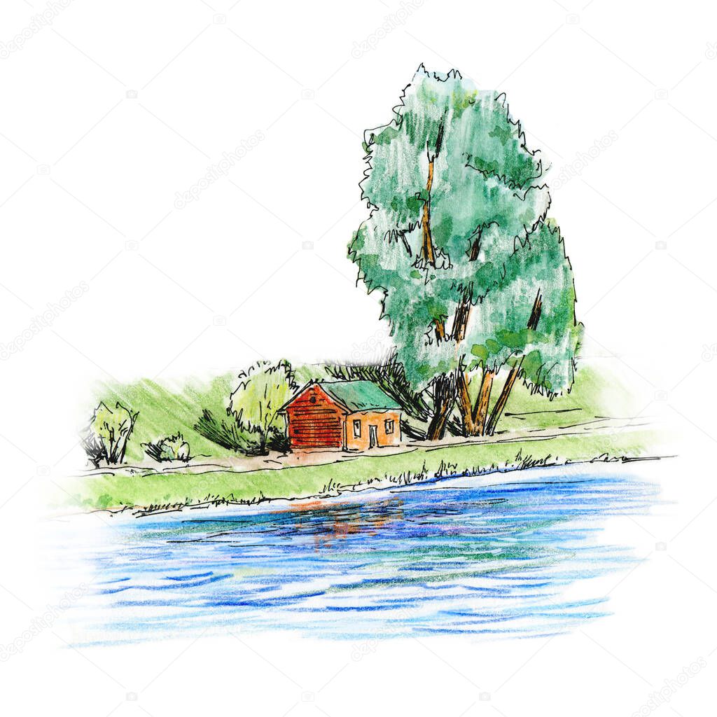 Landscape. House, tree and river.Watercolor hand drawn illustration.