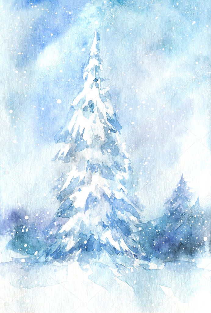 Landscape of a spruce and snow.Winter.Watercolor hand drawn illustration.