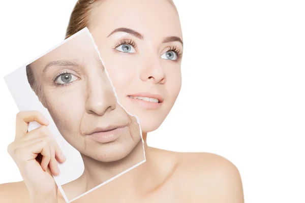 Closeup Portrait Young Woman Face Holding Portrait Old Wrinkled Face — Stock Photo, Image