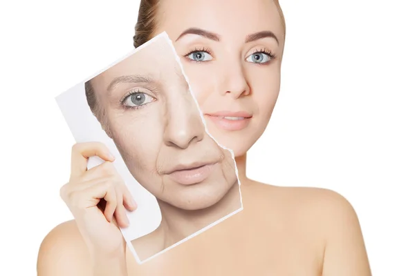 Closeup Portrait Young Woman Face Holding Portrait Old Wrinkled Face — Stock Photo, Image