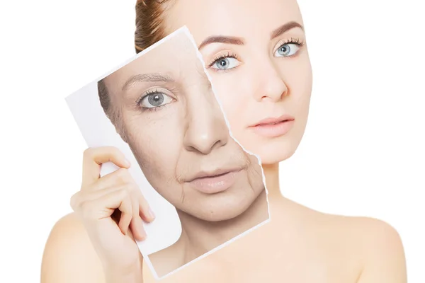 Closeup Portrait Young Woman Face Holding Portrait Old Wrinkled Face — Stock Photo, Image