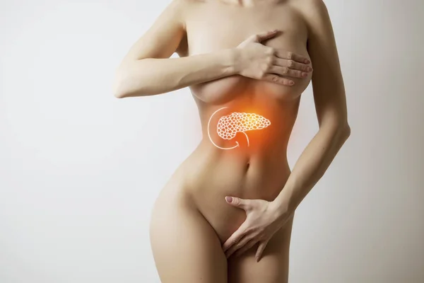 woman with graphic visualisation of inner organs of stomach