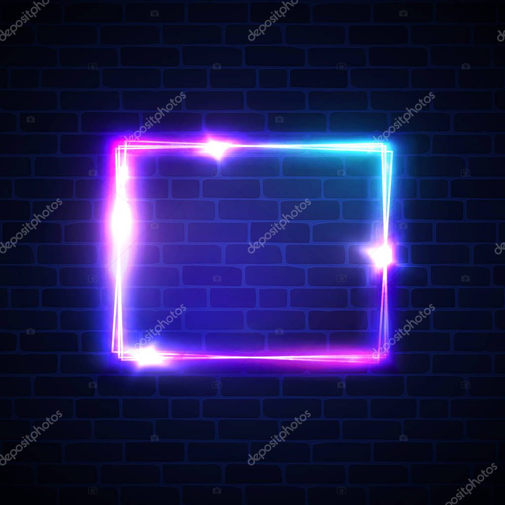 Neon sign. Square frame with glowing and light. Electric bright 3d rectangle banner design on dark brick texture wall. Neon abstract background with flares and sparkles. Vintage vector illustration.
