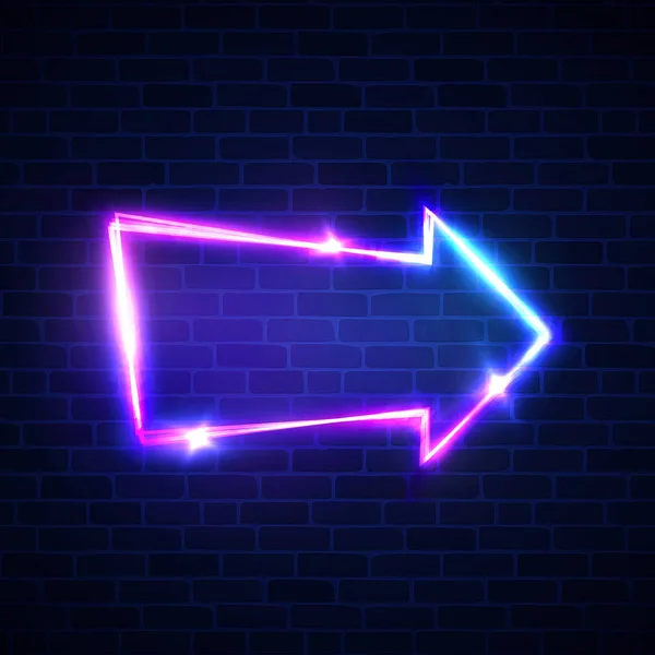 Realistic neon arrow sign hanging on brick wall. Electric light glowing signage for night club bar. Illuminated retro pointer with neon led lamp. Advertising vintage frame. Bright vector illustration. — Stock Vector