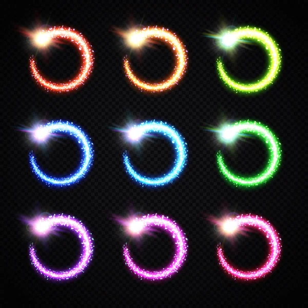 Волшебный набор световых рамок. Красочная круглая кометная коллекция с частицами на прозрачном фоне. Абстрактные круги пакуются с эффектом блика линз и вспышки боке. Яркая векторная вихревая иллюстрация — стоковый вектор