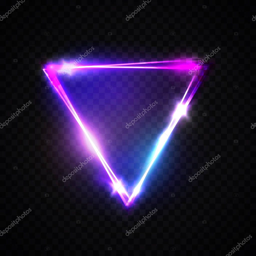 Neon sign. Triangle background. Glowing electric abstract frame on dark transparent backdrop. Light signage with glow. Night club laser banner. Bright 3d vector illustration with flares and sparkles.